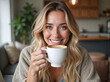 © javiersarrent - MUJER JOVEN RUBIA TOMANDO CAPPUCCINO