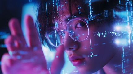 Poster - young person with glasses interacting with digital data in a futuristic setting at night