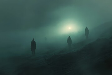 Sticker - Foggy landscape, three figures walking toward light.