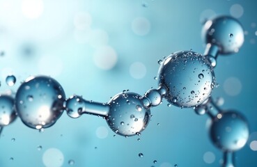 Poster - Scientific photo shows water molecule structure. Clear spheres represent atoms. Transparent structure displays hydrogen bonds. Medical supplies, purity concepts implied. Image offers beauty, clarity