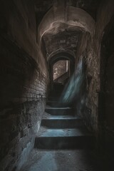 Poster - Stone staircase descends into dark, arched passage.