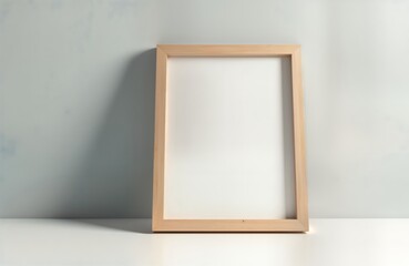 Leinwandbilder - Empty light brown wooden picture frame sits tilted on light background. Minimalist design, simple form. Simple wall decoration. Empty frame suitable for photo artwork. Versatile object for interior