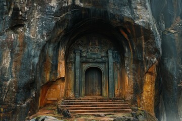 Poster - Ancient stone doorway, carved entrance, weathered steps.