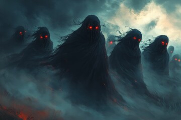 Wall Mural - Dark cloaked figures, glowing red eyes, ominous fog.