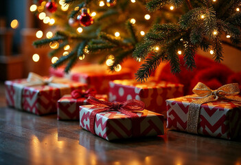 Wall Mural - a beautifully decorated christmas tree with an abundance of colorfully wrapped gifts underneath. foc