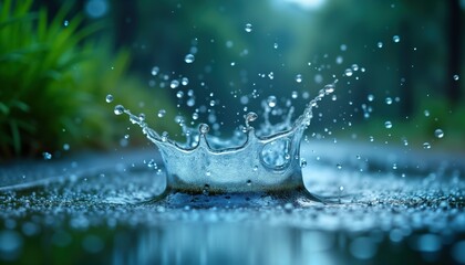 Aufkleber - Water droplets fall, create splashes on ground. Water forms intricate patterns, shapes. Nature scene shows liquid movement. Abstract photo of water. Clean, clear water droplets. Water drops on wet