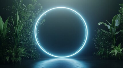Poster - Mysterious glowing circle surrounded by lush plants in a dimly lit environment
