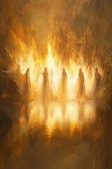 Poster - Golden figures reflected in fiery water.