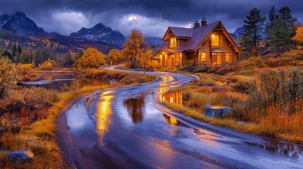 Canvas Print - Illuminated mountain cabin on a winding road at dusk.