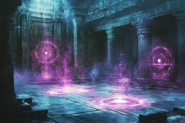 Poster - Ancient stone temple, glowing portals, figures performing ritual.