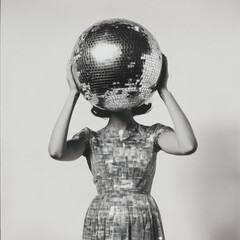 woman in 60s disco dress holding disco ball head, celebrating new year