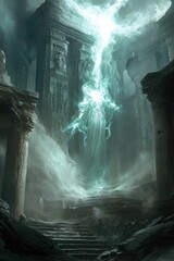 Poster - Ruined temple, ethereal being, figures approach, energy surge.