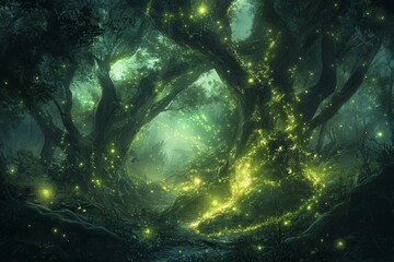 Wall Mural - Glowing path through enchanted, dark green forest.