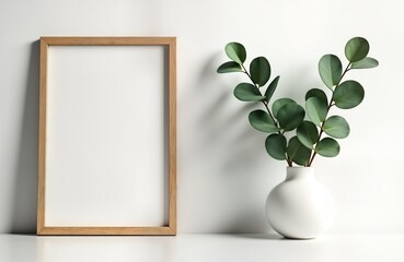 Leinwandbilder - Empty wooden frame mockup in modern white interior. Fresh eucalyptus plant in white vase. Simple minimalist home decor concept. Interior design template. Stylish empty artwork display template.