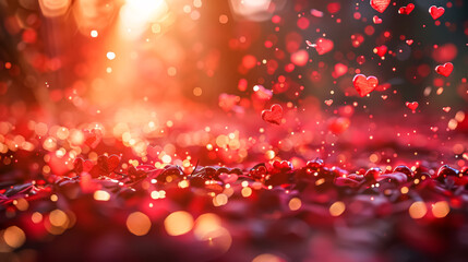 Wall Mural - red background with many hearts scattered across it. the hearts are small and shiny, and they are sp