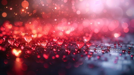 Wall Mural - red background with many hearts scattered across it. the hearts are small and shiny, and they are sp