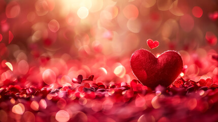 Wall Mural - red heart is floating in a blurry background. the heart is surrounded by a lot of light and blurry b