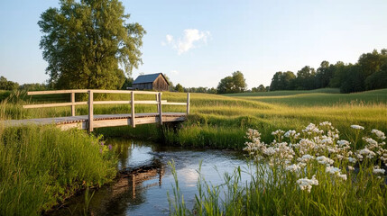 Wall Mural - bridge over a serene stream in a green meadow near a rustic barn at sunset