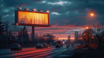 Poster - A sunset scene featuring a glowing billboard alongside a busy highway.