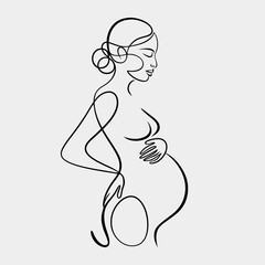 Wall Mural - A minimalist line drawing depicts a pregnant woman gracefully holding her belly.