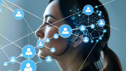 Poster - young woman is visualizing a neural network, representing the concept of brain enhancement, neurotec