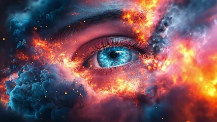Poster - Eye reflecting cosmic elements with vibrant colors in a surreal digital composition