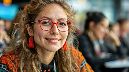 Poster - A young woman with curly hair and glasses focuses intently during a lecture, showcasing vibrant earrings and a patterned sweater. Other students can be seen in the background.