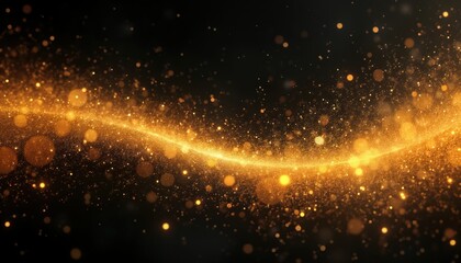 Poster - Abstract illustration of glowing gold dust. Particles of light create dynamic wavy pattern against dark background. Evokes magic celestial event. Design suitable for posters, websites, video games,