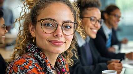 Aufkleber - A diverse group of professionals is engaged in a collaborative meeting. A woman with curly hair and glasses smiles at the camera, while colleagues discuss strategies in the background.