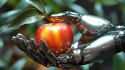Poster - Robotic hand holding a shiny red apple amidst lush green foliage in vibrant 4k detail