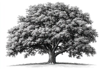 detailed pencil sketch of a large, majestic oak tree with full foliage, isolated on white background