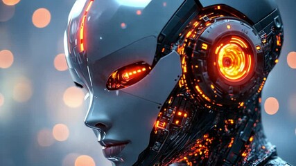 Poster - Futuristic humanoid robot with glowing features against a blurred digital backdrop