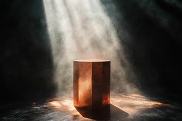 Poster - Copper pedestal, smoky dark room, light rays.