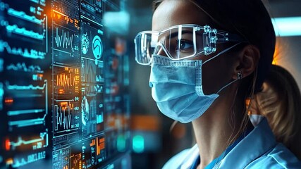 Poster - Medical professional analyzing data in a futuristic laboratory environment with advanced technology