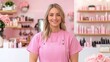 © Leo Rohmann - Friendly beauty consultant in a bright pink salon surrounded by skincare and makeup products reflecting professionalism and modern beauty trends