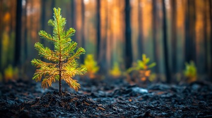 Wall Mural - A young tree grows amidst a burnt forest, symbolizing resilience.