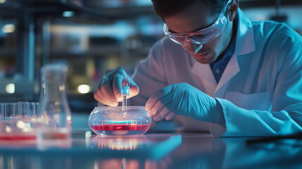 Poster - laboratory scientist conducts experiment with colorful liquid in glassware during evening research s