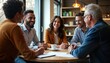 © miss irine - Diverse group of happy businesspeople engage in casual conversation at cafe. Multiethnic colleagues meeting for consultation team discussion. Seated around table, smiling happily. Setting indoor cafe