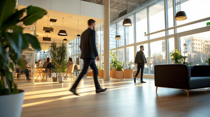 Poster - office interior with modern design showcasing professionals walking and collaborating during a brigh