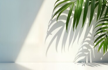 Poster - Indoor studio setting with bright light casting palm leaf shadows on white wall. Minimalist, natural presentation. Empty space suitable for product display fashion photoshoots. Tropical design