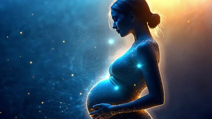 Poster - Captivating digital art of a pregnant woman illuminated by cosmic light in a surreal environment