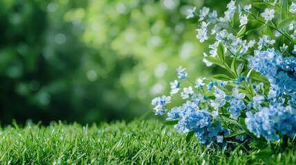 Wall Mural - Blue flowers blooming in lush green grass.