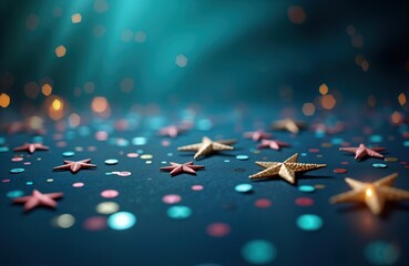 Aufkleber - Colorful confetti, sequins on dark blue background. Decorative gold, pink star shapes. Festive, celebratory design. Minimalist flat lay mockup ideal for holiday greeting card wallpaper. Abstract
