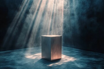 Poster - Dark room, smoky atmosphere, cube, light rays.