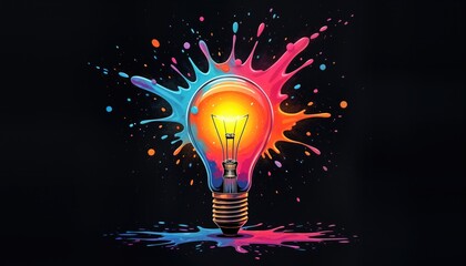 Poster - Vibrant light bulb explodes with colorful paint splashes on black background. Creative energy, unique ideas burst forth. Dynamic visual expression innovation, different thinking. Colorful explosion