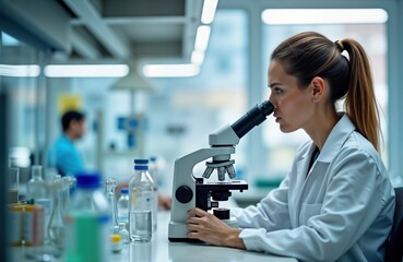 Poster - Female scientist intently observes microscope in lab. Focused on research. Colleagues in background suggest team environment. Modern lab equipment. Medical research biology study in progress.