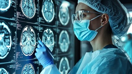 Poster - medical professional analyzing brain scans in a clinical environment with advanced technology