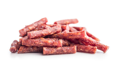 Wall Mural - Smoked kabanos. Mini dried thin sausages isolated on white background