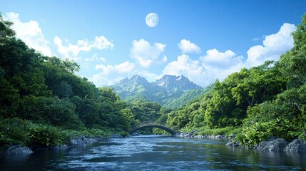 Canvas Print - Serene river flowing through lush green jungle landscape with stone arch bridge and mountains under a bright sky and moon.