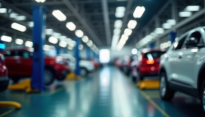 Poster - Modern auto repair shop interior with cars undergoing maintenance. Lifts, bright lights create busy atmosphere. No people visible. Scene clean, organized. Cars in various stages of repair. Industrial